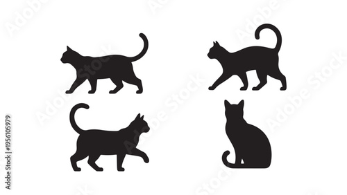Black cat silhouette vector icon set. kitten cartoon character in various poses illustration