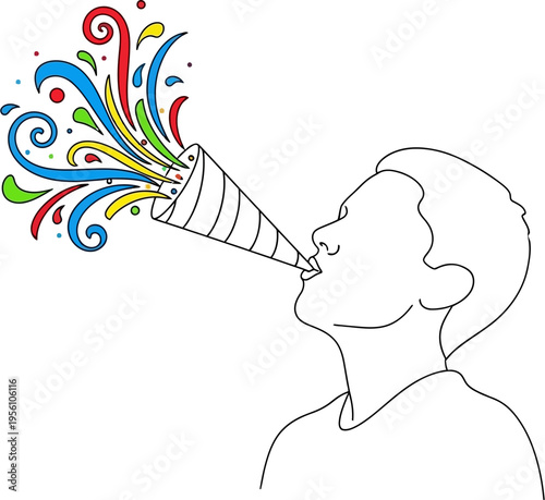 A person blowing a party horn with colorful confetti and streamers erupting in a line art illustration.