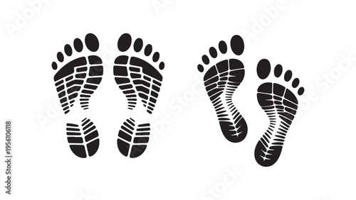 Black imprints of human footprints with tire track pattern on white background