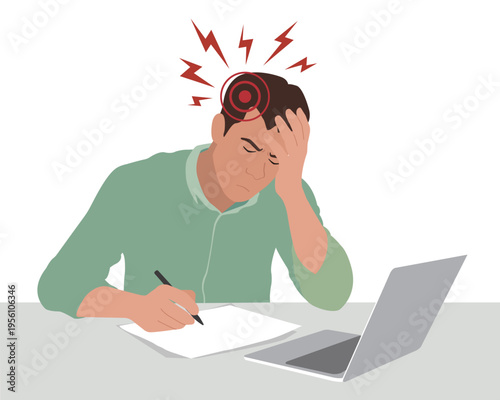 Stressed businessman writing notes while suffering from severe migraine with red pulsating circle