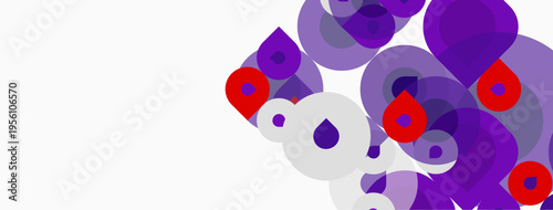 Abstract composition featuring overlapping purple, red, white circles. Minimalist design with negative space. Modern aesthetic, simple shapes.