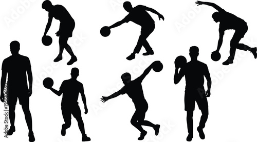 Collection of basketball player silhouettes in action poses isolated on white background, sports vector set, dribbling shooting passing movements, black athlete design elements
