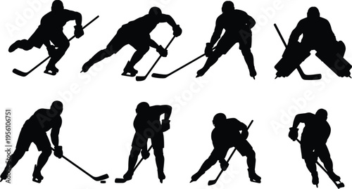 Collection of ice hockey player silhouettes in action poses isolated on white background, sports vector set, skating shooting defending goalie positions, black design elements
