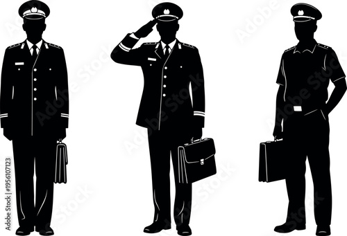 Professional Black and White Silhouette Vector Set of Uniformed Airline Pilots or Police Officers Saluting and Carrying Briefcase Business Travel