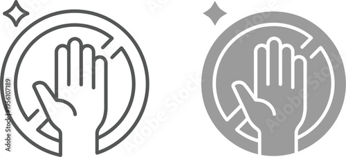 Hand hygiene icons with circular motions and sparkling cleanliness symbols