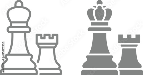 Gray chess pieces on a white background, king, queen, rook, pawn