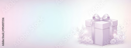 Minimal monochrome pastel gift box with ribbon and floral accents on soft gradient background, elegant luxury celebration concept with wide copy space for greeting or branding design