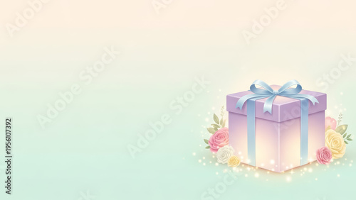Pastel gift box with ribbon and blooming flowers on soft gradient background, elegant celebration composition with copy space for greeting card, wedding invitation or birthday design