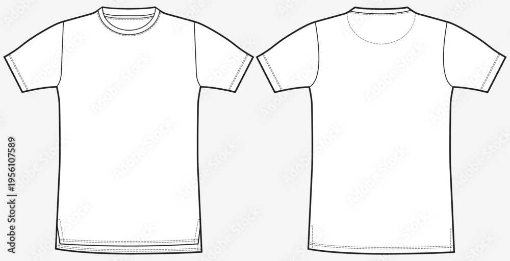 Fototapeta premium Short Sleeve Crew Neck Split Hem T-Shirt Flat Sketch. Oversized Round Neck side vent hem T-Shirt Fashion Technical Drawing front and back Vector Template