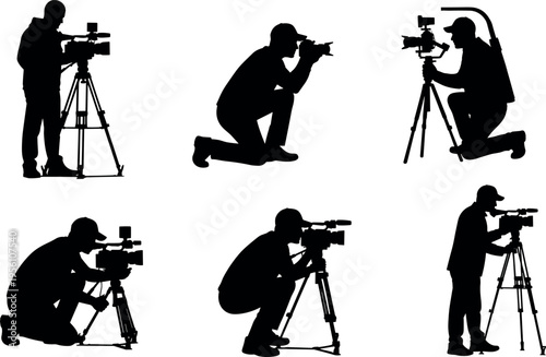 Professional Videographer and Photographer Silhouettes Set Featuring Camera Operators with Tripods, Gimbals, and Professional Gear for Media Production and Cinematography