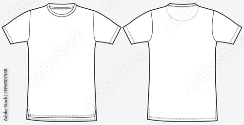 Short Sleeve Crew Neck Split Hem T-Shirt Flat Sketch. Oversized Round Neck side vent hem  T-Shirt Fashion Technical Drawing front and back Vector Template