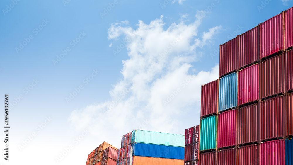 Fototapeta premium Cargo ship container goods export import international transport on blue sky background, warehouse industry business logistics transportation harbor port industrial shipping terminal cargo ship.