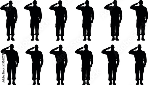 Set of Military Soldier Silhouettes Standing in Uniform and Saluting Representing Honor Respect Patriotism Army Veterans Day and Armed Forces