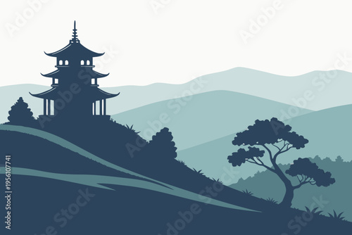 Hilltop temple silhouette cartoon background simple vector illustration