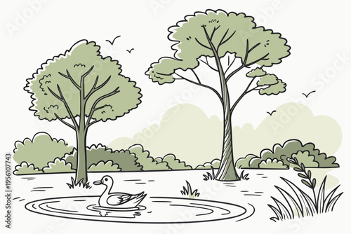 Village pond with trees cartoon background simple vector illustration
