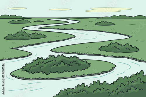 River delta with small islands cartoon simple vector illustration