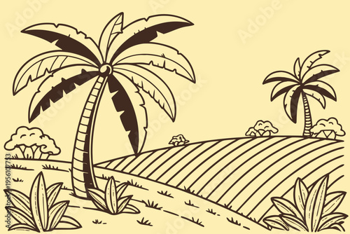 Palm grove farmland cartoon background simple vector illustration