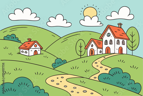 Sunny hillside village cartoon background simple vector illustration