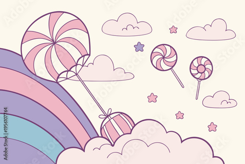 Whimsical pastel candy sky cartoon simple vector illustration