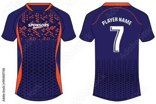 Abstract Polygon Pattern Raglan Sleeve Sports Jersey Round Neck Vector Flat Sketch with Front and Back View for Soccer and Rugby Uniform