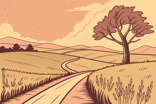 Countryside sunset road cartoon background simple vector illustration