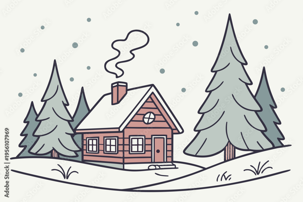Naklejka premium Snowfall forest cabin cartoon background simple vector illustration