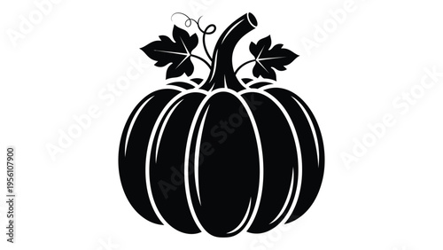 Black and white illustration of a pumpkin with leaves