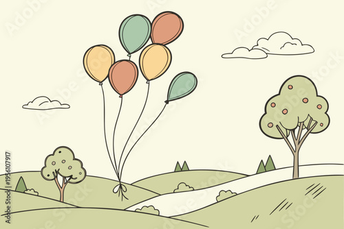 Balloon meadow field cartoon background simple vector illustration