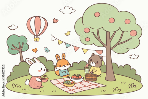 Cute animal picnic park cartoon background simple vector illustration