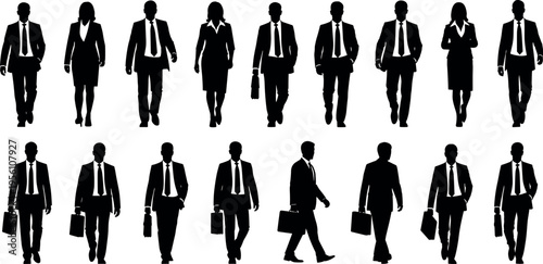 Silhouette of Professional Business Men and Women Walking with Briefcases in Corporate Suits for Career Success and Office Teamwork Concept