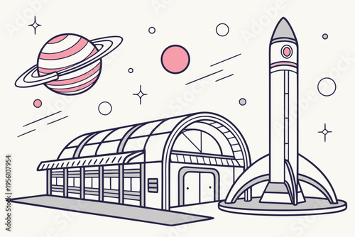 Spaceship docking station cartoon background simple vector illustration