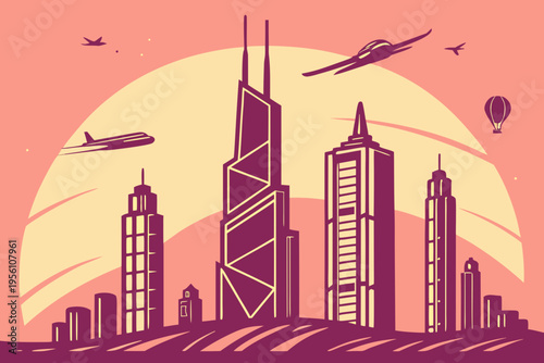 Futuristic skyline sunset glow cartoon simple vector illustration