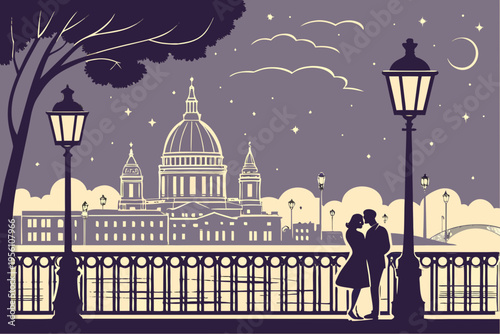 Romantic night city lights cartoon simple vector illustration