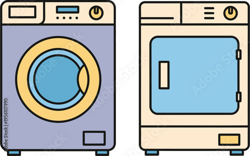 Illustration of a modern washing machine and a clothes dryer side by side, depicted in a simple, colorful cartoon style.