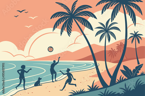 Summer sunset beach party cartoon background simple vector illustration