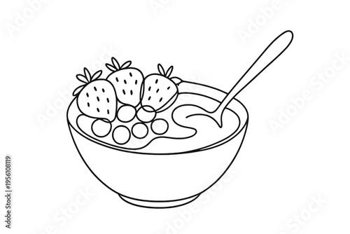 Minimalist Fruit Bowl. "Fresh Start". Minimalistic one-line drawing bowl of fresh fruits and yogurt with spoon