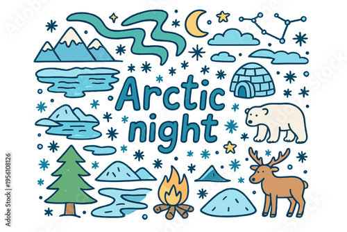 Arctic Night Doodle. Arctic night. Hand-drawn doodle illustration of arctic night. Aurora ribbons, stars, moon