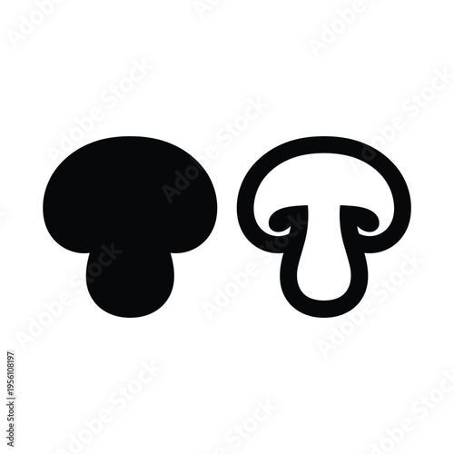 Two mushroom icons, one whole and one sliced, black graphic design, graphic resource