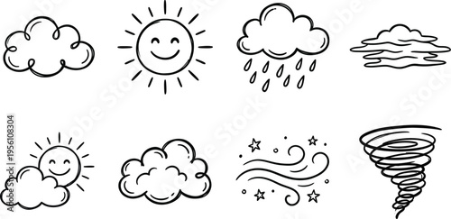 Weather icons including sun, clouds, rain, wind, and tornado, illustrating various meteorological conditions and forecast symbols used for communication.