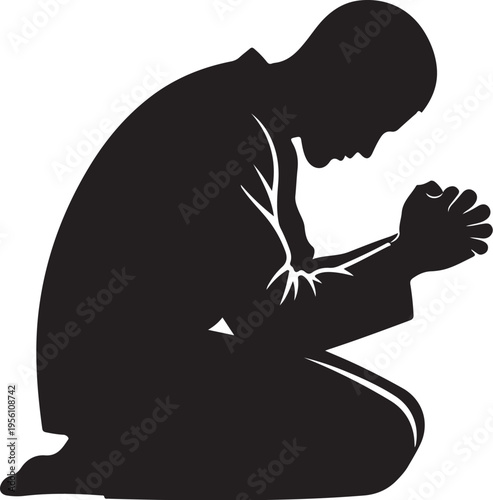 Vector silhouette of a man praying on his knees in black