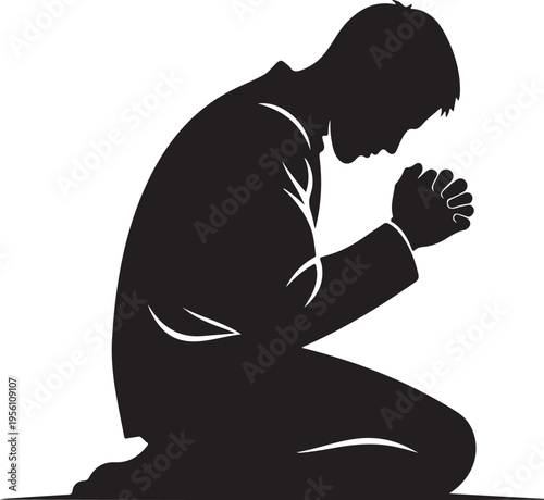 Black silhouette of a man praying on his knees vector