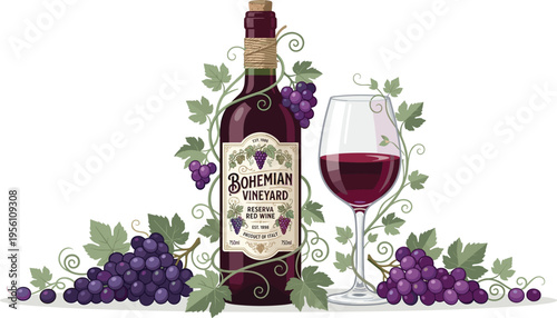 Artistic illustration showcasing a classic red wine bottle and a full glass, elegantly adorned with lush grapevines bearing ripe purple grapes, symbolizing viticulture