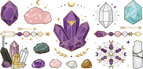 Mystical array of vibrant healing crystals, sacred gemstones, and spiritual energy tools, harmonizing positive vibrations for wellness and mindful practices