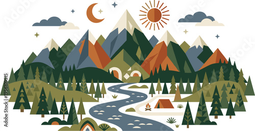 Serene Mountain Landscape Illustration with a Winding River, Camping Tent, and Celestial Bodies