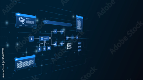 AI workflow automation artificial intelligence. ai agent workflow diagram data pipelines processing system, coding panel and automation flow.