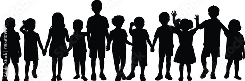 Children silhouette group holding hands featuring playful kids in various poses, black vector illustration of friendship, unity, and childhood, ideal for education, community, and design