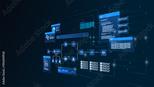 AI workflow automation artificial intelligence. ai agent network node diagram connecting node input, processing flow, coding, data analytics panel, and automation flow.