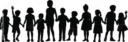 Children silhouettes holding hands in a row featuring diverse kids in playful poses, black vector illustration representing friendship, unity, teamwork, and childhood for education and design