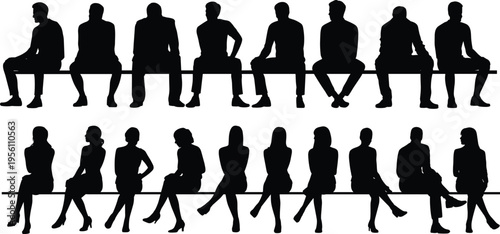People sitting silhouettes collection featuring men and women seated in various poses, black vector illustration ideal for waiting area, business, lifestyle, and modern design projects