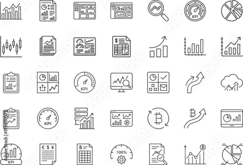 Global financial statistics and digital currency tracking icons